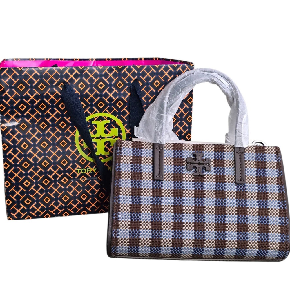 Tory Burch Blake Plaid Mini Tote 176878 Blue Multi‎ Woven Nylon Handbag